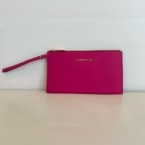 Michael Kors Leather LG Zip Clutch Wristlet in Electric Pink